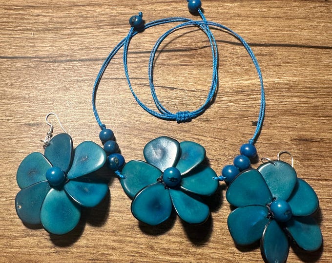 Tagua Nut Flower Necklace and Earrings Set, Adjustable Boho Jewelry