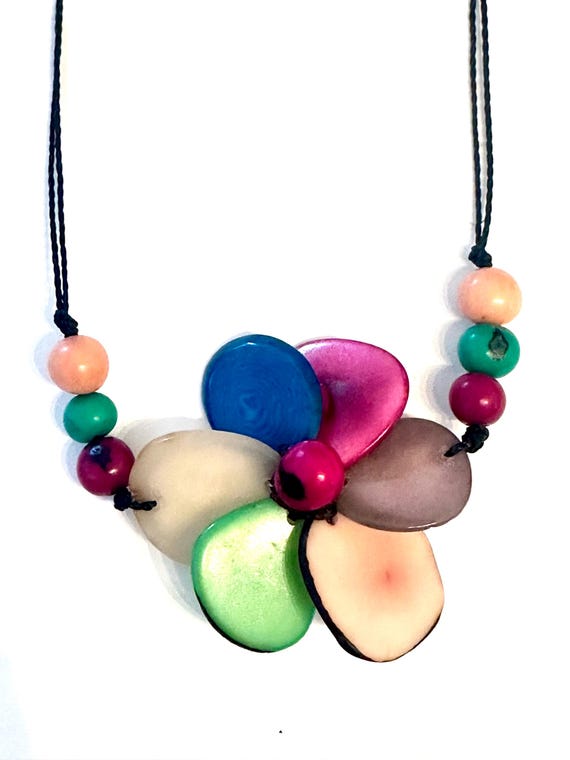 Adjustable Tagua Nut Flower Pendant Necklace, Boho Jewelry