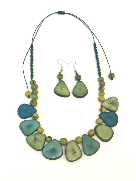 Tagua Nut & Acai Seed Necklace and Earrings Set, Adjustable Boho Jewelry