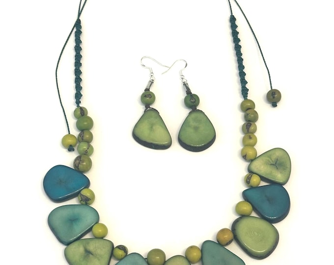 Tagua Nut & Acai Seed Necklace and Earrings Set, Adjustable Boho Jewelry