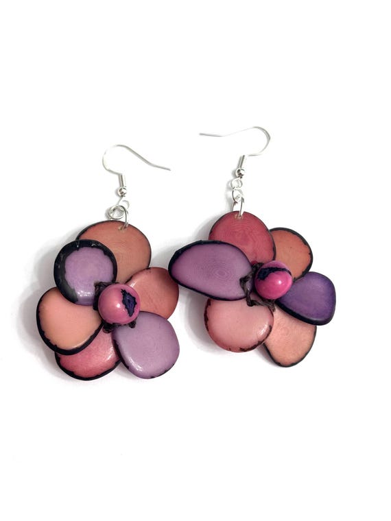 Tagua-Nut Earrings, Flower Design, Tagua Jewelry, Eco-Fashion, Eco-Friendly