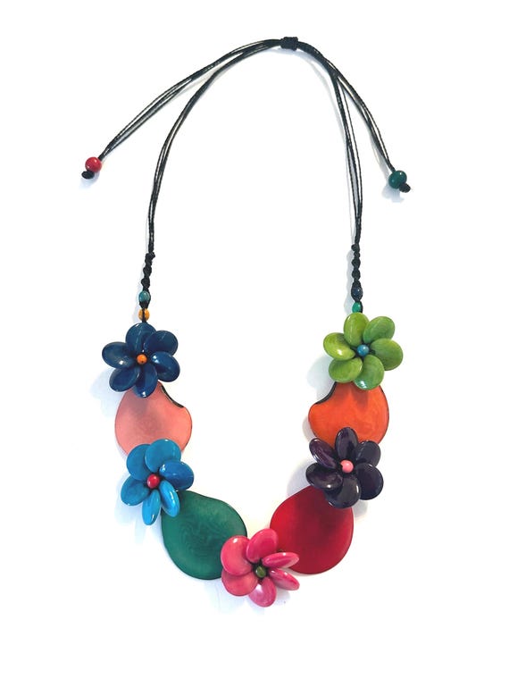 Tagua Flower Statement Necklace, Adjustable Boho Jewelry