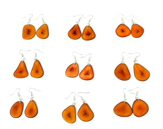 Orange Tagua Nut Slice Earrings, Boho Chic, Eco Friendly Fashion