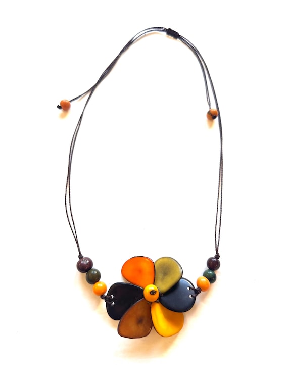 Tagua Nut Flower Pendant Necklace,  Adjustable Boho Chic Jewelry