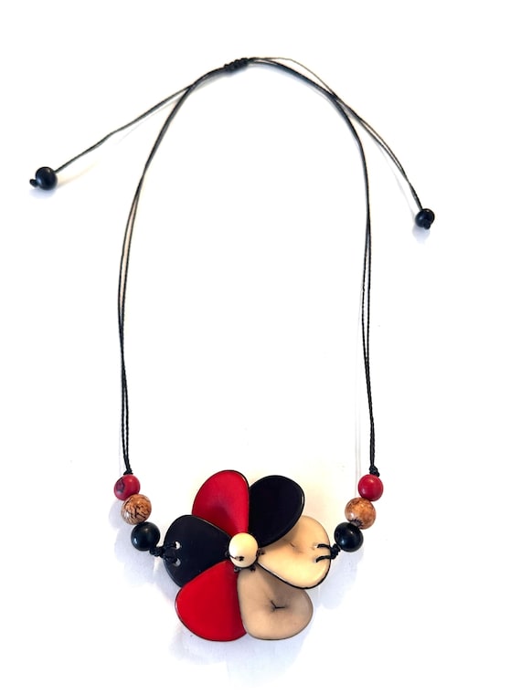 Colorful Tagua Nut Flower Pendant Necklace,  Adjustable Boho Chic Jewelry