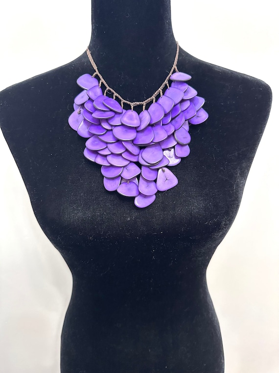 Purple Tagua Nut Bib Necklace, Handmade Boho Statement Jewelry