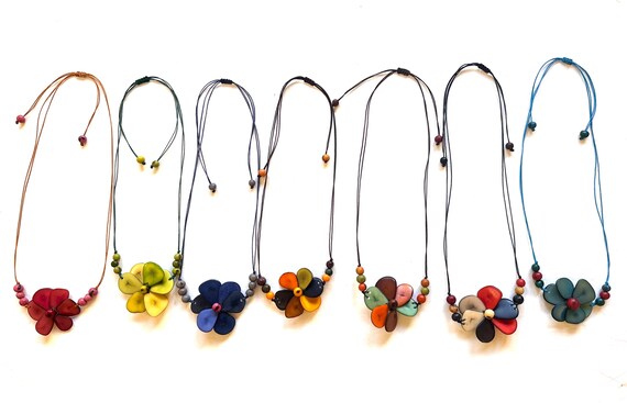 Colorful Tagua Nut Flower Pendant Necklace,  Adjustable Boho Chic Jewelry