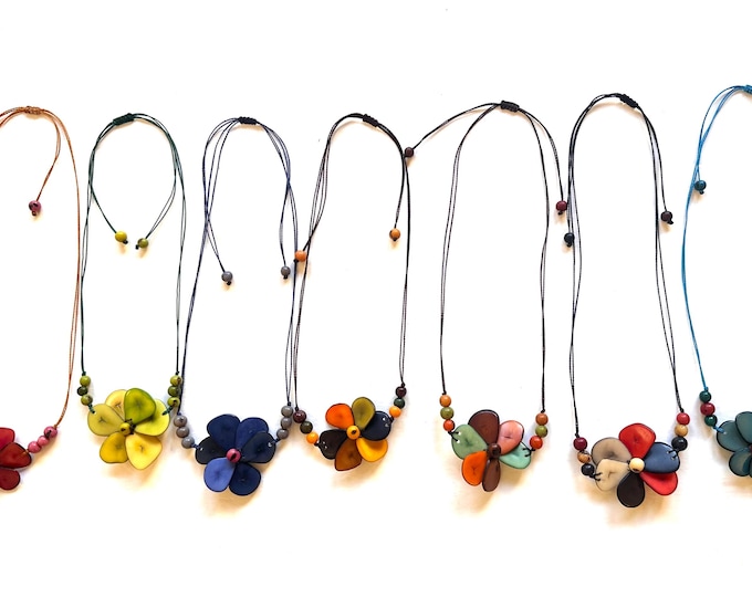 Colorful Tagua Nut Flower Pendant Necklace,  Adjustable Boho Chic Jewelry