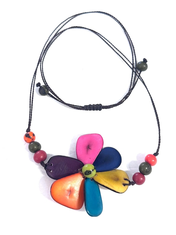 Colorful Tagua Nut Flower Necklace,  Adjustable Boho Chic Jewelry