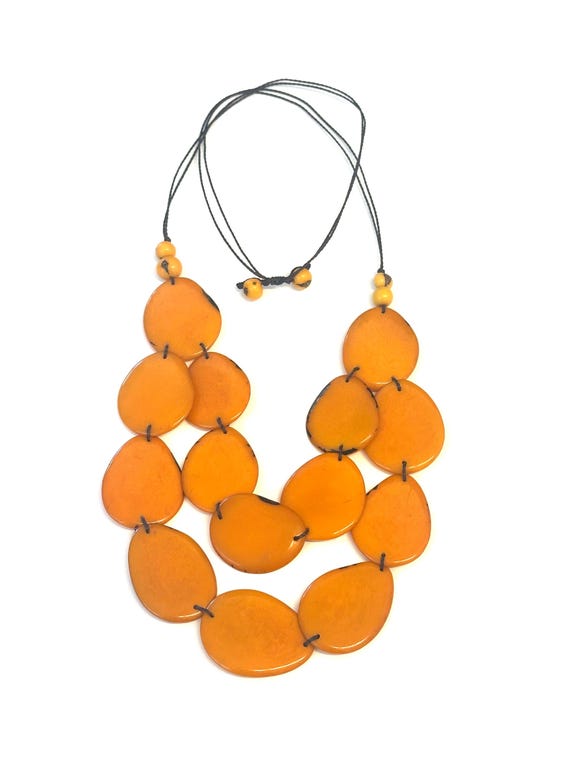 Handmade Yellow Tagua Nut Necklace, Adjustable Boho Bib Necklace