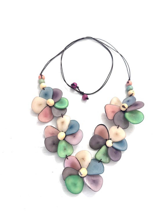 Tagua Flower Statement Necklace, Boho Chic, Adjustable Length
