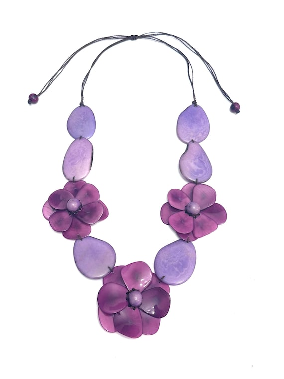Long Tagua Nut Necklace: Three Flower Boho Necklace