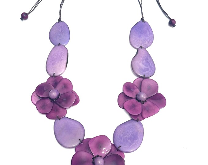 Long Tagua Nut Necklace: Three Flower Boho Necklace