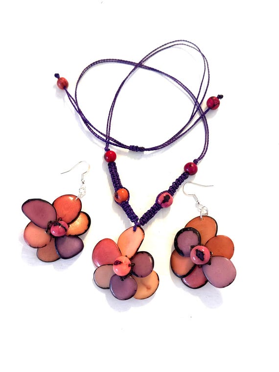 Tagua Nut Flower Pendant Necklace and Earrings Set, Adjustable Boho Jewelry
