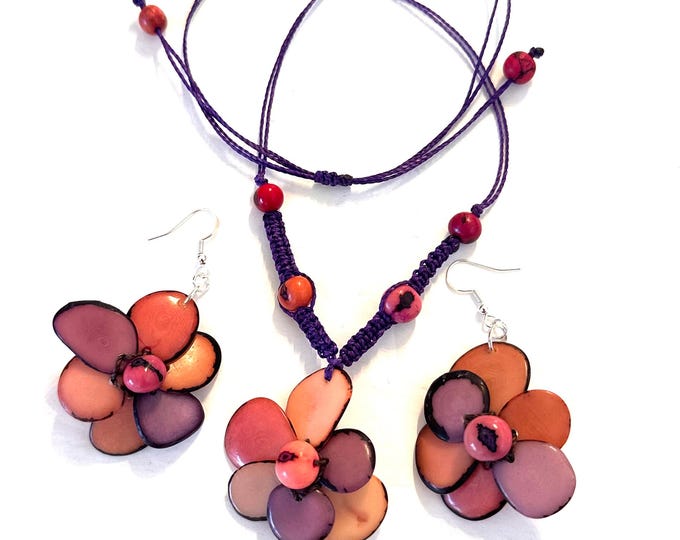 Tagua Nut Flower Pendant Necklace and Earrings Set, Adjustable Boho Jewelry