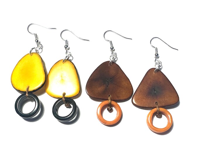 Colorful Tagua Nut Dangle Earrings: Boho Chic Palm Nut