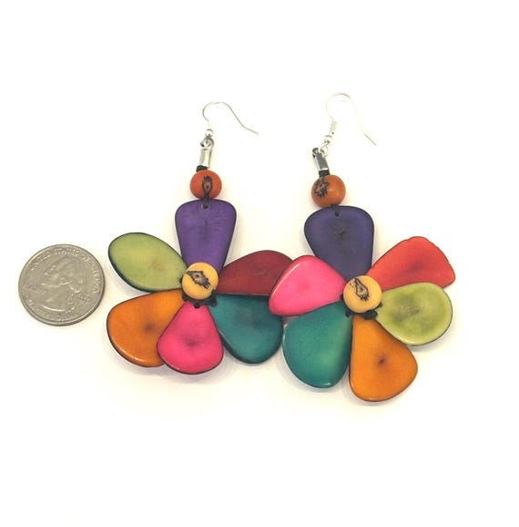 Colorful Tagua Nut Flower Earrings,  Adjustable Boho Chic Jewelry