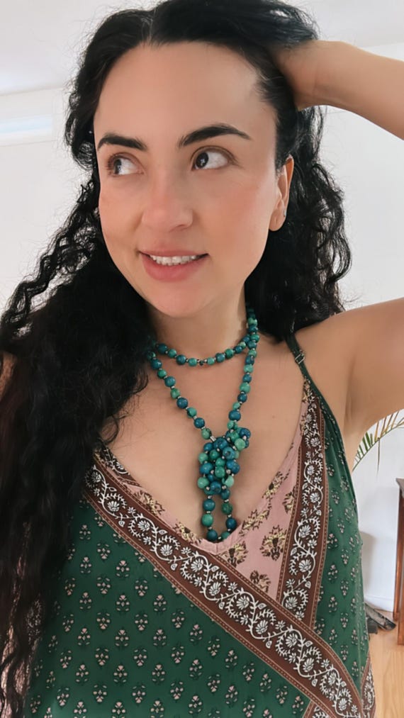 Acai Seed Long Necklace, Green Turquoise Boho Jewelry