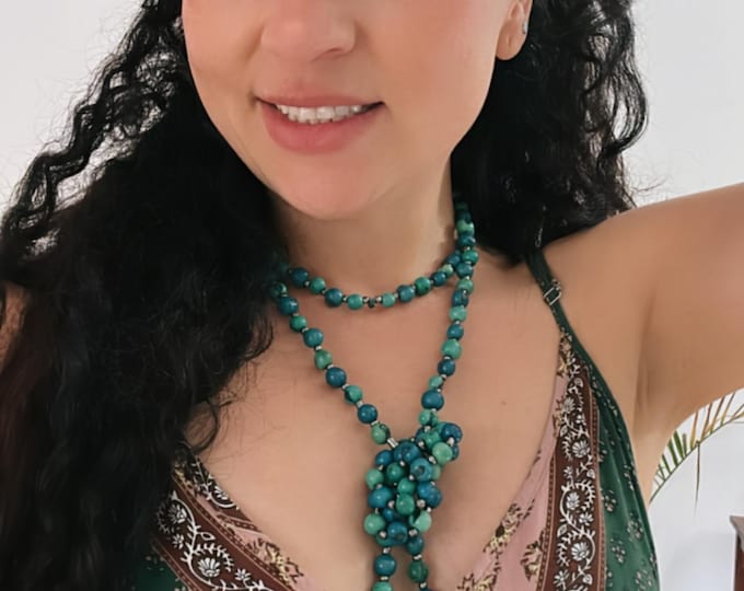 Acai Seed Long Necklace, Green Turquoise Boho Jewelry