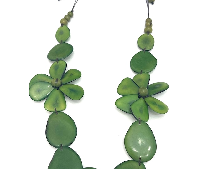 Long Tagua Seed Necklace with Double Flower Pendant