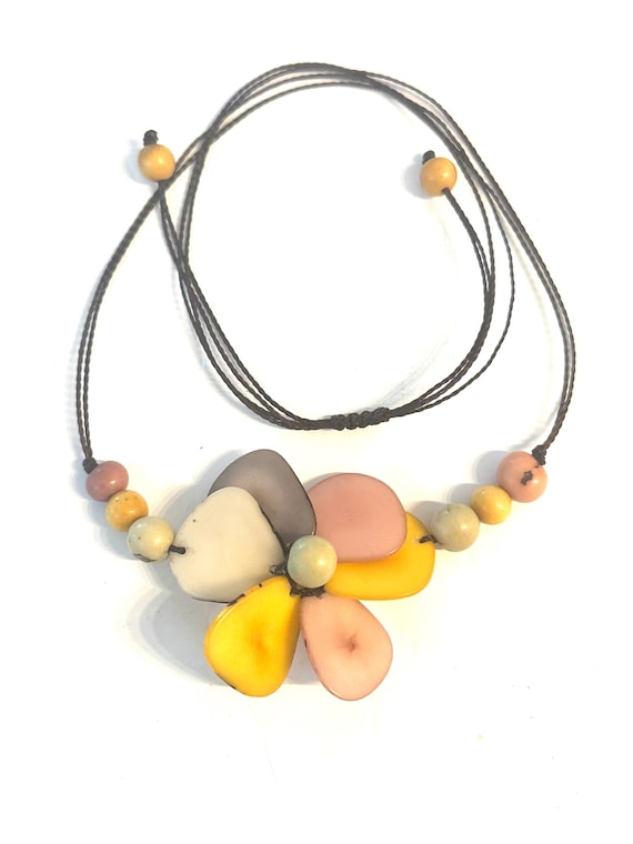 Colorful Tagua Nut Flower Necklace,  Adjustable Boho Chic Jewelry
