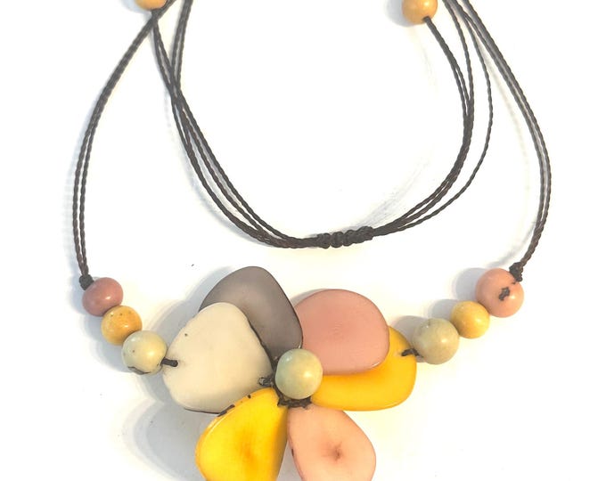 Colorful Tagua Nut Flower Necklace,  Adjustable Boho Chic Jewelry