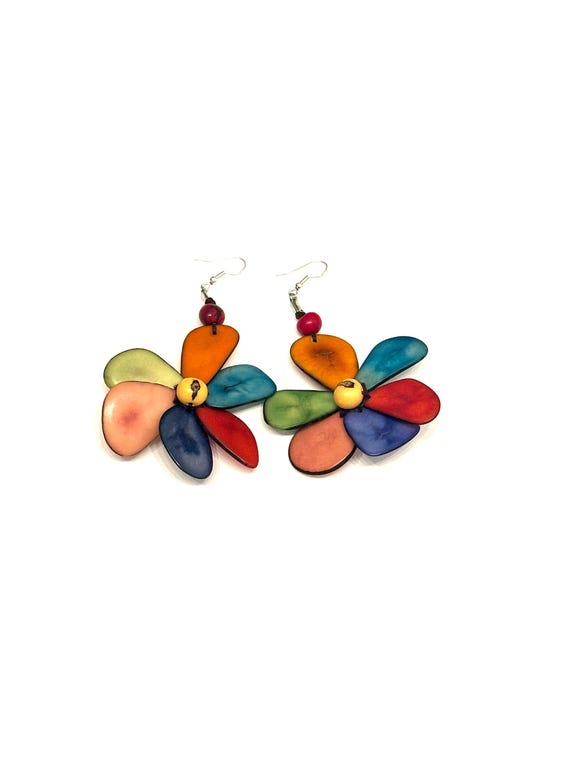 Colorful Tagua-Nut Earrings, Flower Design, Tagua Jewelry, Eco-Fashion, Eco-Friendly