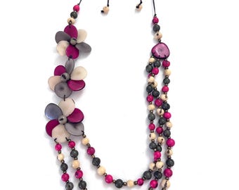 Flower Tagua and Acai Seed Necklace | Adjustable Boho Statement Necklace