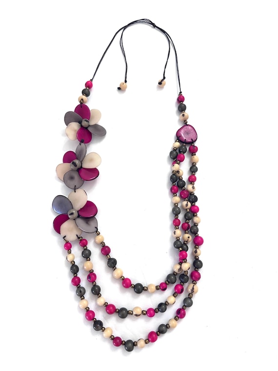 Flower Tagua and Acai Seed Necklace | Adjustable Boho Statement Necklace