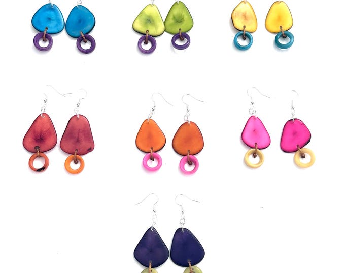 Colorful Tagua Nut Dangle Earrings, Boho chic, Sustainable Palm Nut,  Dangle Earrings