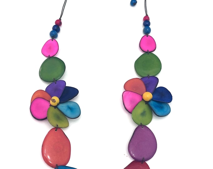 Long Tagua Nut Necklace with Double Flower Pendant