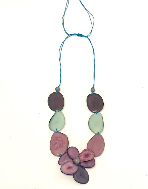 Adjustable Tagua Nut Flower Pendant Necklace, Colorful Jewelry, Boho Accessories