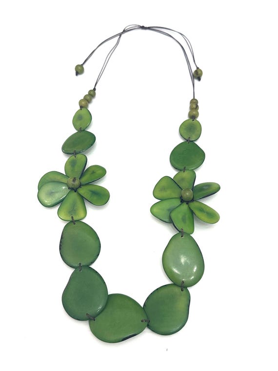 Long Tagua Seed Necklace with Double Flower Pendant