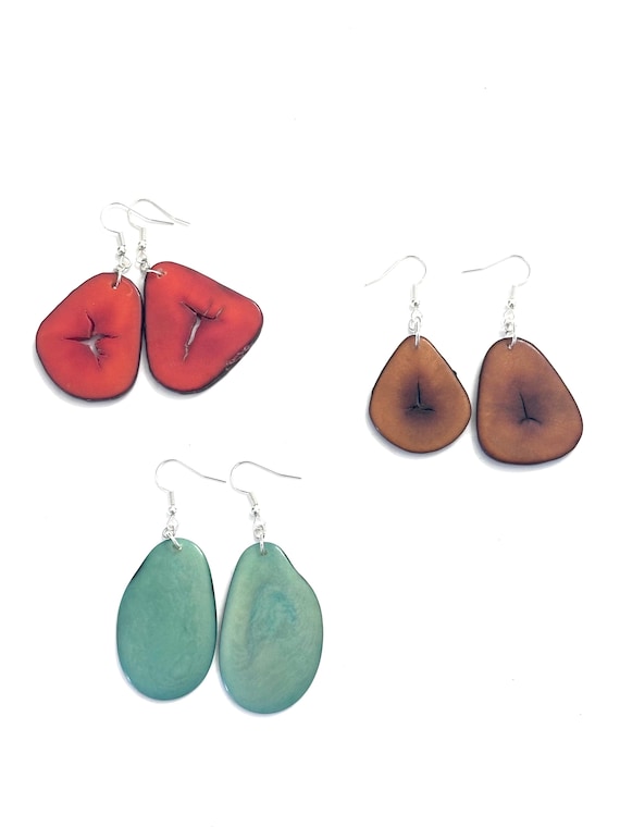 Large Tagua Nut Slice Earrings: Boho Chic Eco Fashion