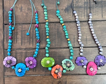 Tagua Nut Flower Design Adjustable Necklace / Tagua Jewelry /Boho Jewelry