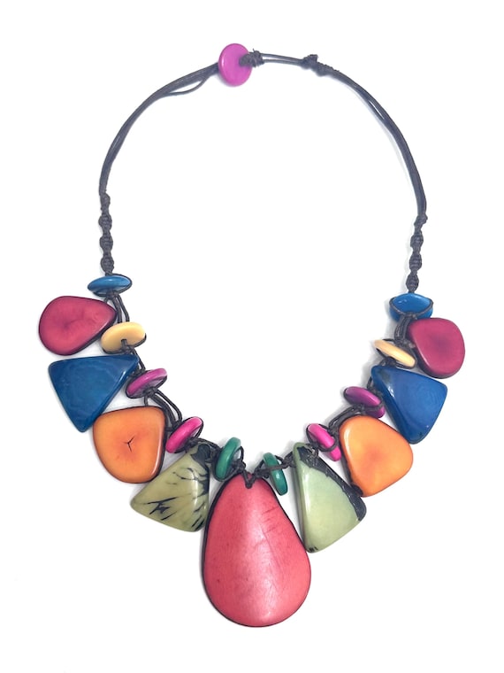 Multi-colored Tagua Nut Pendant Necklace/ Boho Necklace /Tribal/ Folk Style