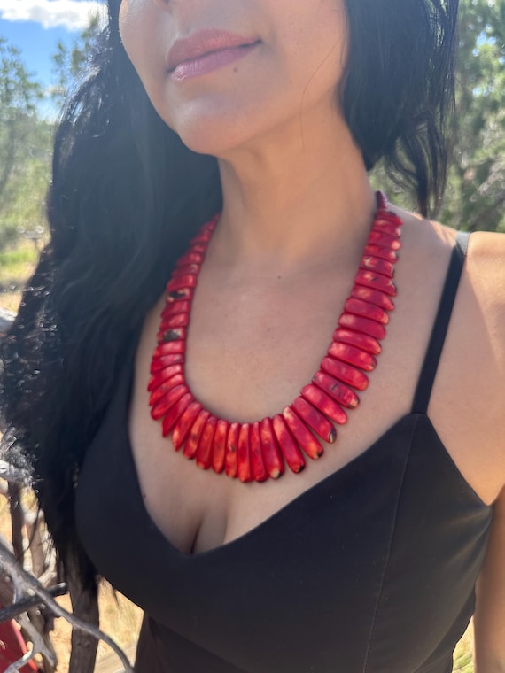 Red Tagua Bib Necklace, Adjustable Boho Statement Jewelry