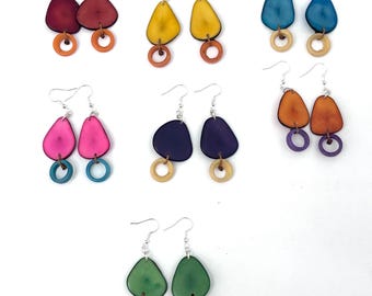 Colorful Tagua Nut Dangle Earrings: Boho Chic Palm Nut