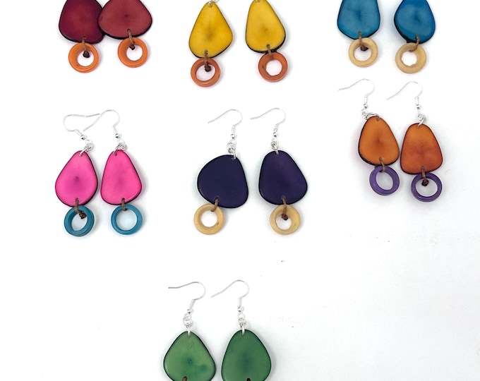 Colorful Tagua Nut Dangle Earrings, Boho chic, Sustainable Palm Nut,  Dangle Earrings