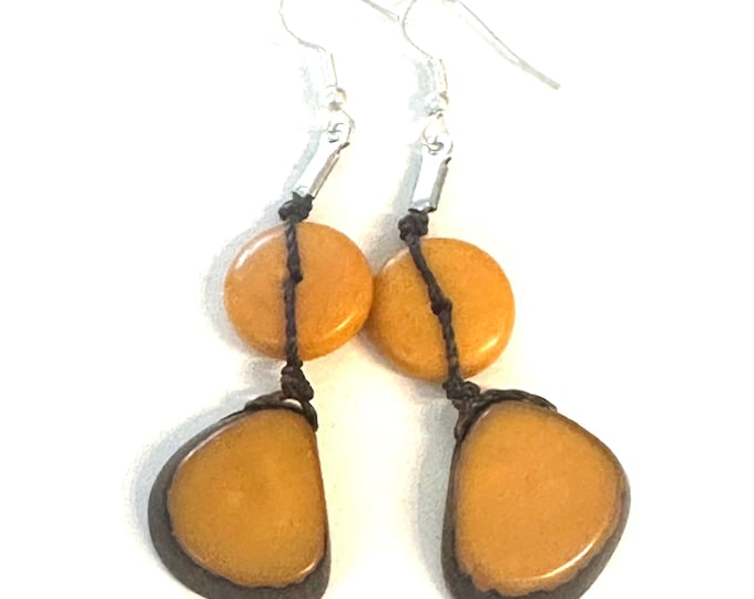 Yellow Tagua Nut Long Earrings, Boho chic