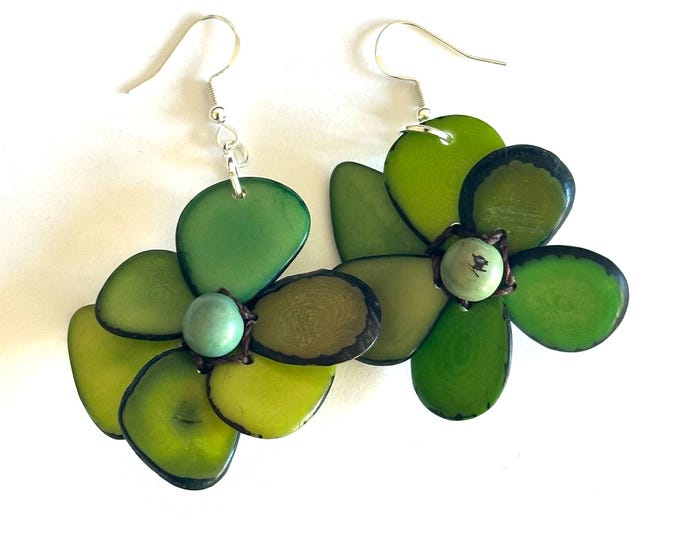 Green Tagua Flower Statement Earrings, Boho Jewelry, Summer Accessories