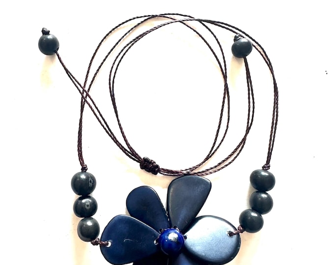 Blue Tagua Nut Flower Necklace,  Adjustable Boho Chic Jewelry