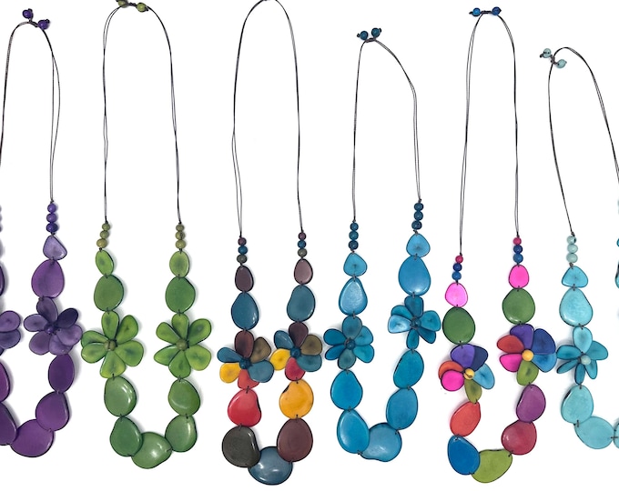 Long Tagua Seed Necklace with Double Flower Pendant