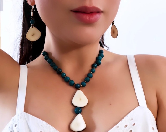 Acai Seed & Tagua Nut Pendant Necklace and Matching Earrings Set, Vegetable Ivory, Eco-Friendly Jewelry,