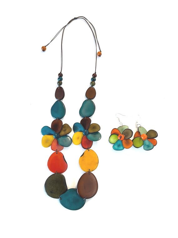 Multicolor Tagua Flower Necklace and Earrings Set | Adjustable Boho Statement Jewelry