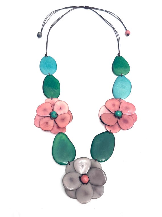 Long Tagua Nut Necklace: Three Flower Boho Necklace