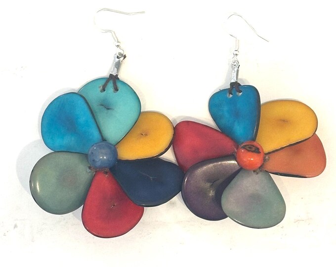Colorful Tagua-Nut Earrings, Flower Design, Tagua Jewelry, Eco-Fashion, Eco-Friendly