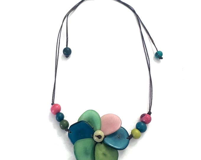 Colorful Tagua Nut Flower Necklace,  Adjustable Boho Chic Jewelry
