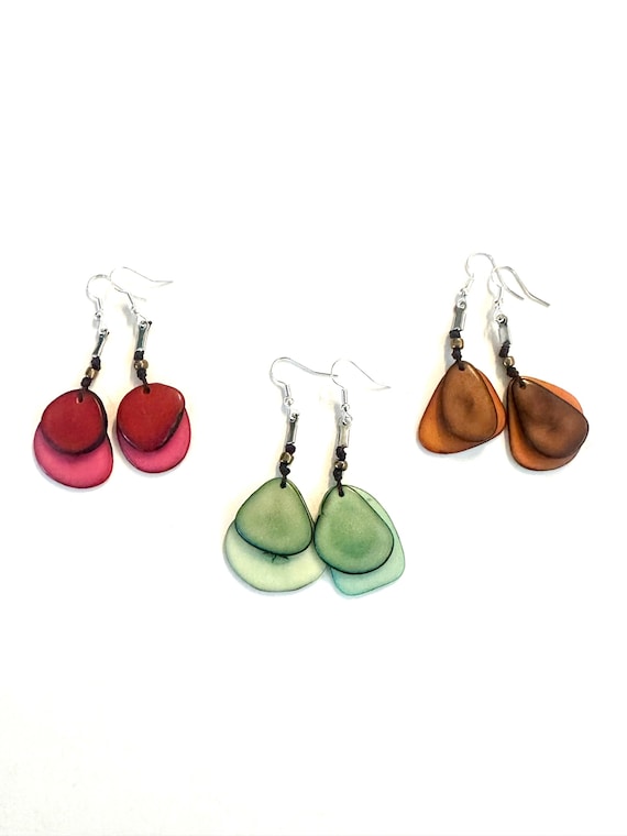 Double Tagua-Nut Slice Earrings/ Colorful Jewelry, Boho Jewelry