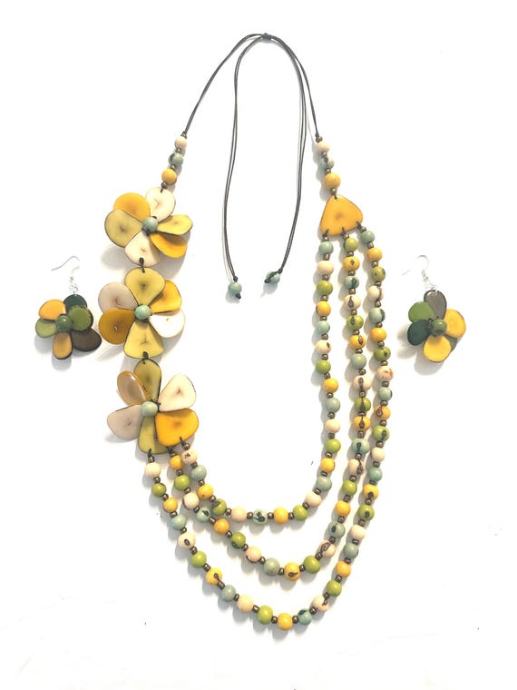 Flower Tagua and Acai Seed Necklace and Earrings Set | Adjustable Boho Statement Jewelry